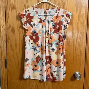 2 Hearts Vibrant Floral Ruffle Sleeve Blouse
